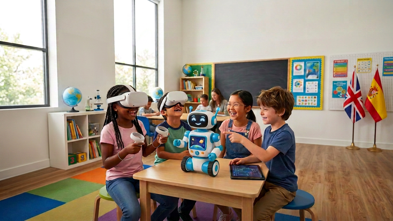 Four children using VR headsets and interacting with a friendly robot on a table in a classroom